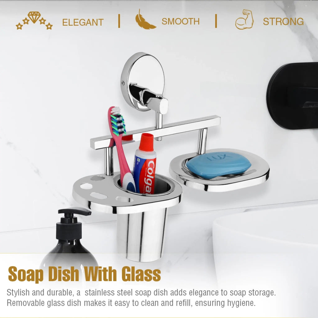 Gloxy Stainless Steel 202 Grade Chrome Finish Soap Holder With soap and toothbrush holder set