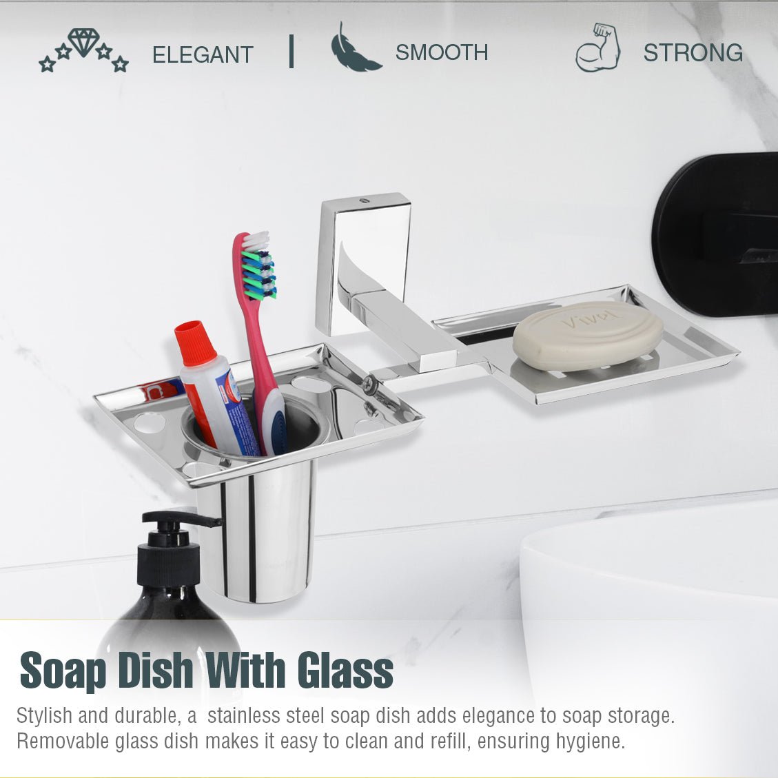 Gloxy Rectangular Shape Stainless Steel 304 Grade Chrome Finish Single Soap Holder With Tumbler Holder