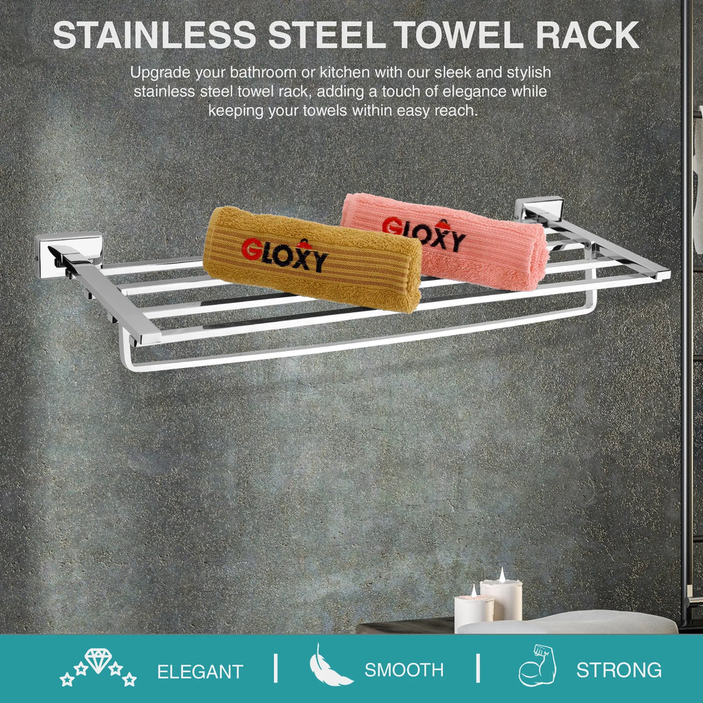 Gloxy Icon Shape Stainless Steel Chrome Finsih Cloth Rack For Bathroom with Towel Hanger-24 Inch