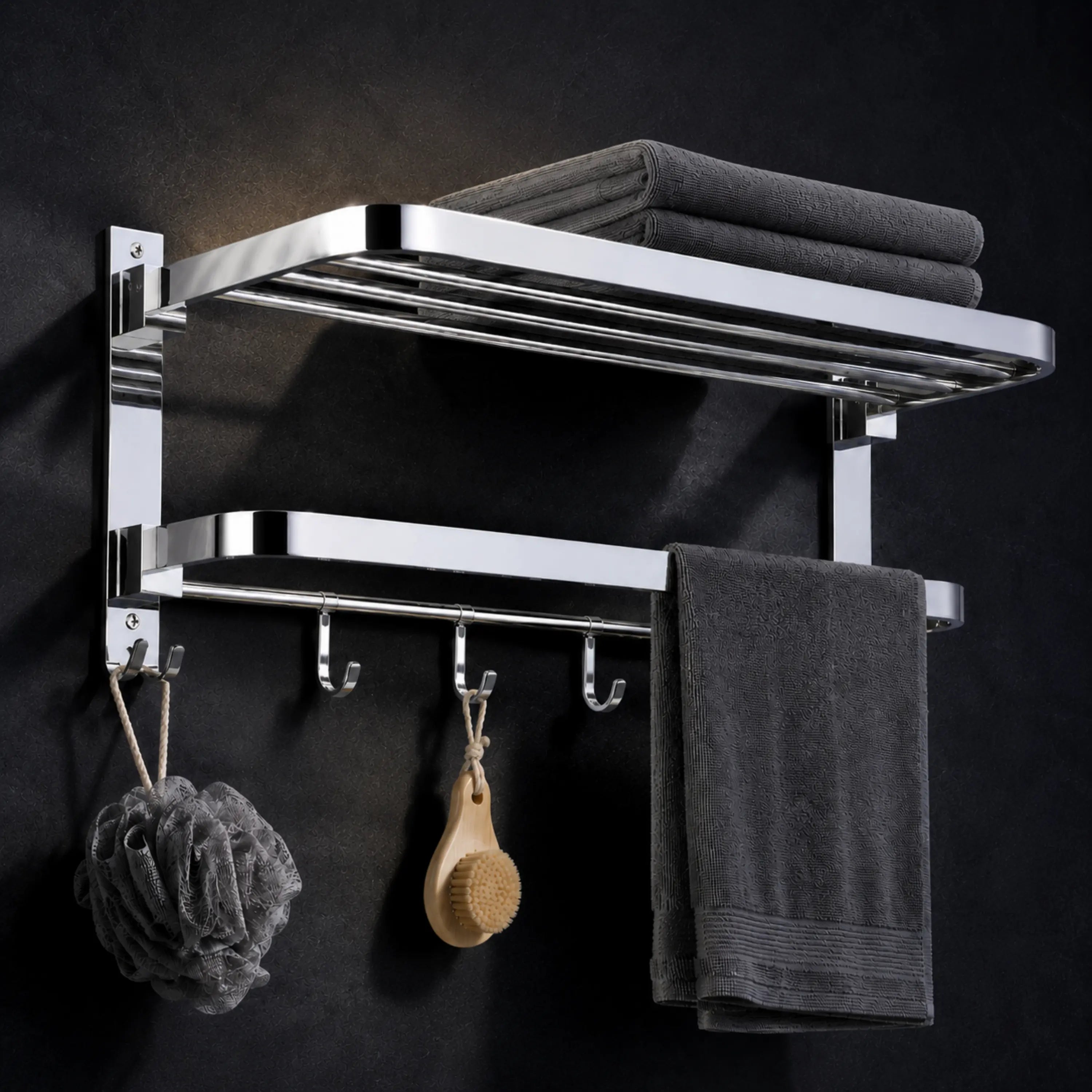 GLOXY Premium SS 304 Towel Rack 24 Inch | Wall Mounted Foldable Bathroom Towel Holder with Shelf & Hooks
