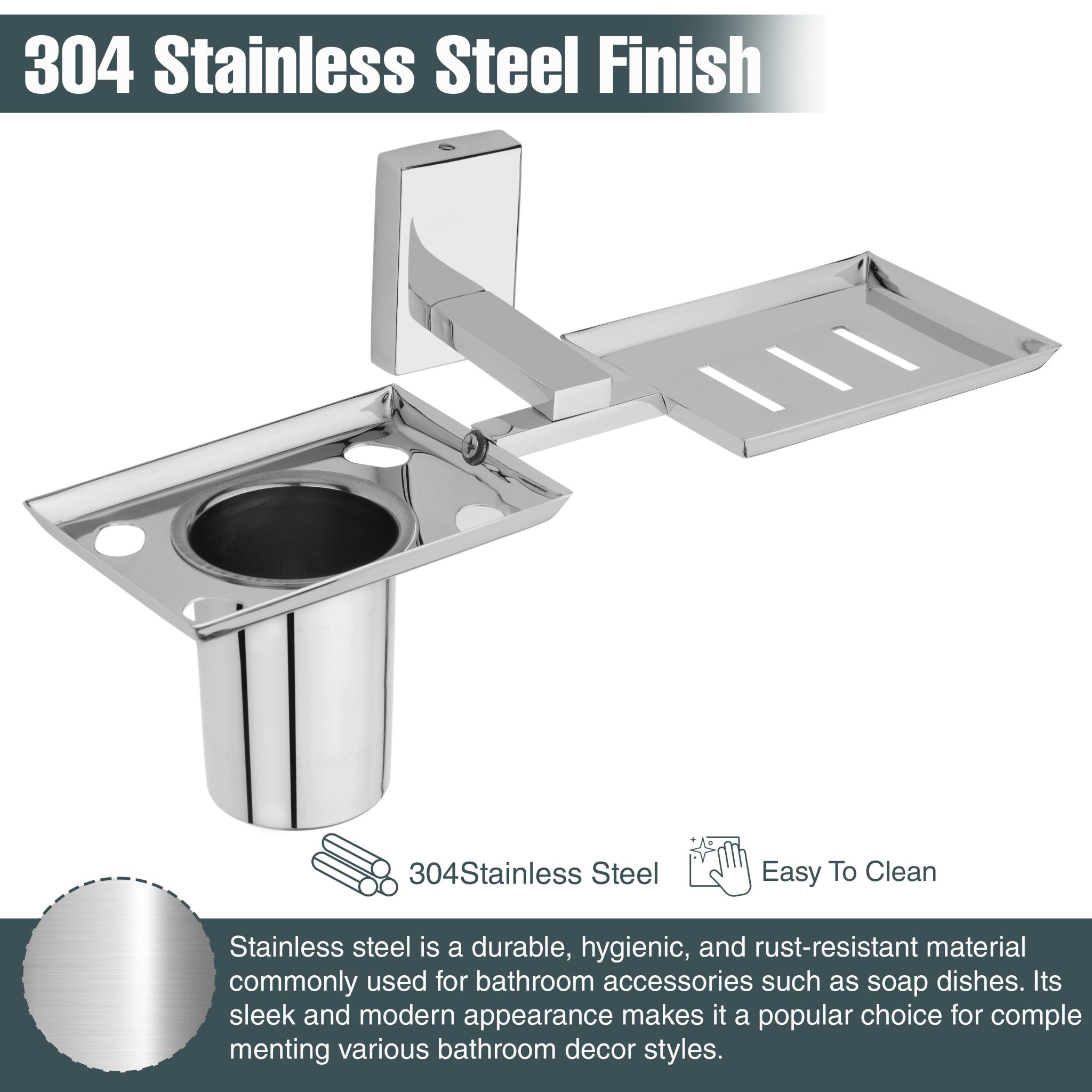 Gloxy Rectangular Shape Stainless Steel 304 Grade Chrome Finish Single Soap Holder With Tumbler Holder