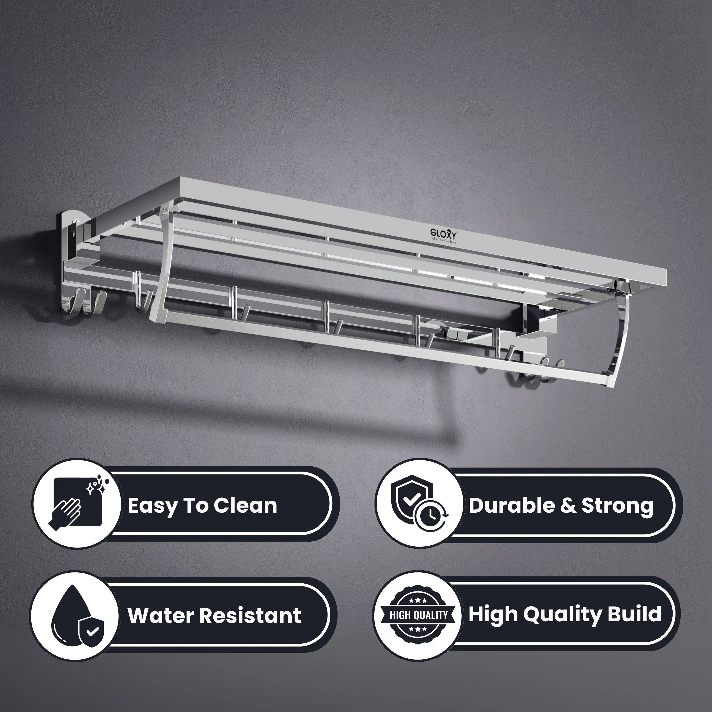 Gloxy Chrome Finsih Stainless Steel Towel Hanger With Folding Bar  -24 Inch