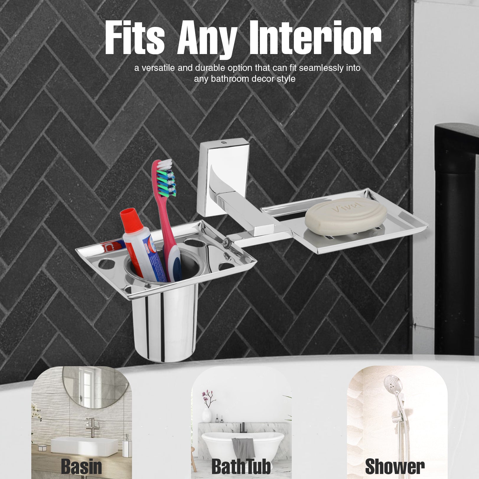 Gloxy Rectangular Shape Stainless Steel 304 Grade Chrome Finish Single Soap Holder With Tumbler Holder