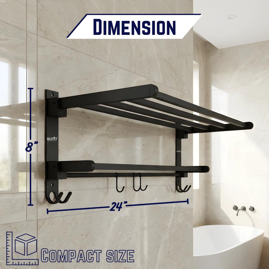 Gloxy Rectangular Shape Stainless Steel Black Finsih Folding 24 Inch Towel Rack For Bathroom
