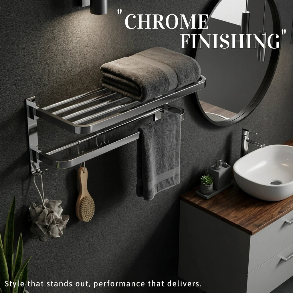 GLOXY Premium SS 304 Towel Rack 24 Inch | Wall Mounted Foldable Bathroom Towel Holder with Shelf & Hooks