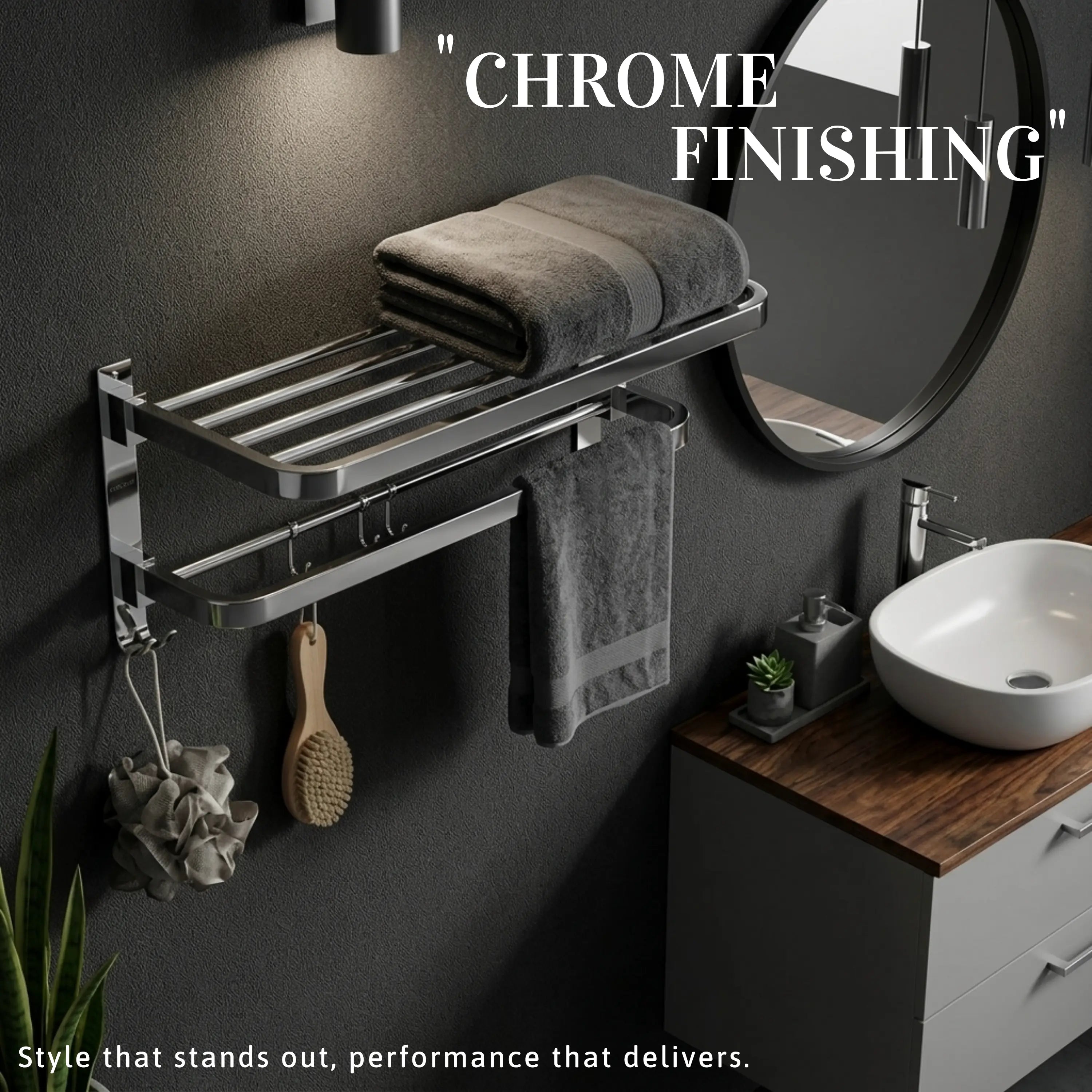 GLOXY Premium SS 304 Towel Rack 24 Inch | Wall Mounted Foldable Bathroom Towel Holder with Shelf & Hooks