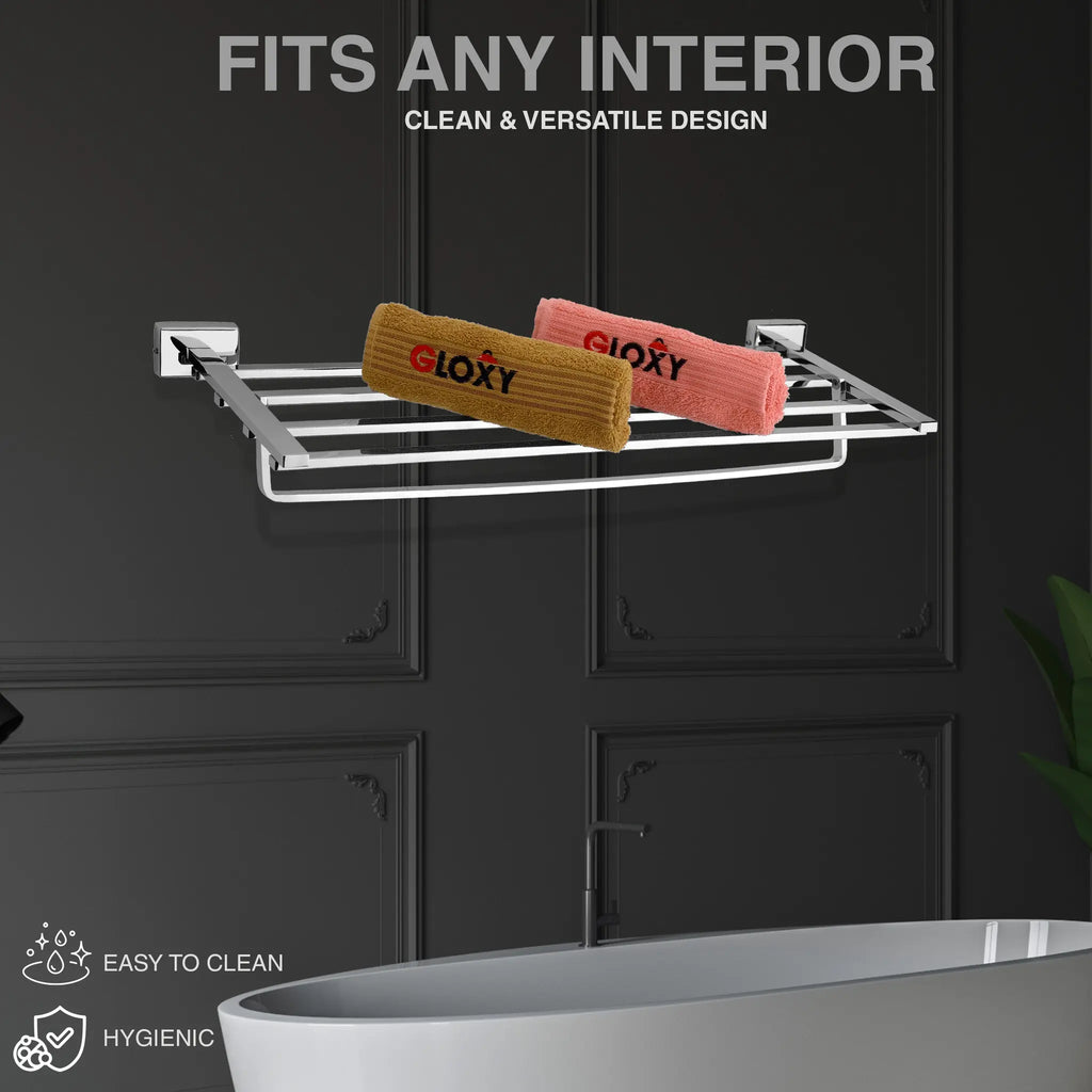 Gloxy Icon Shape Stainless Steel Chrome Finsih Cloth Rack For Bathroom with Towel Hanger-24 Inch