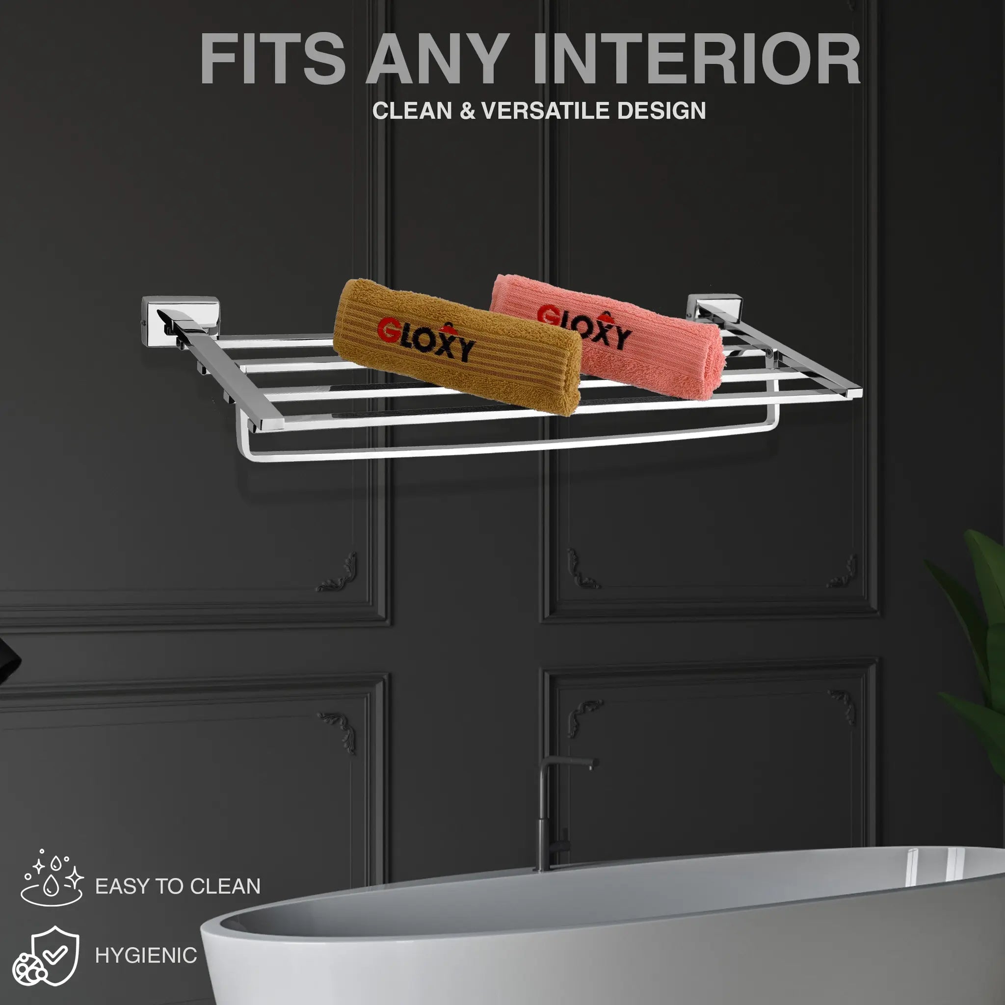 Gloxy Icon Shape Stainless Steel Chrome Finsih Cloth Rack For Bathroom with Towel Hanger-24 Inch