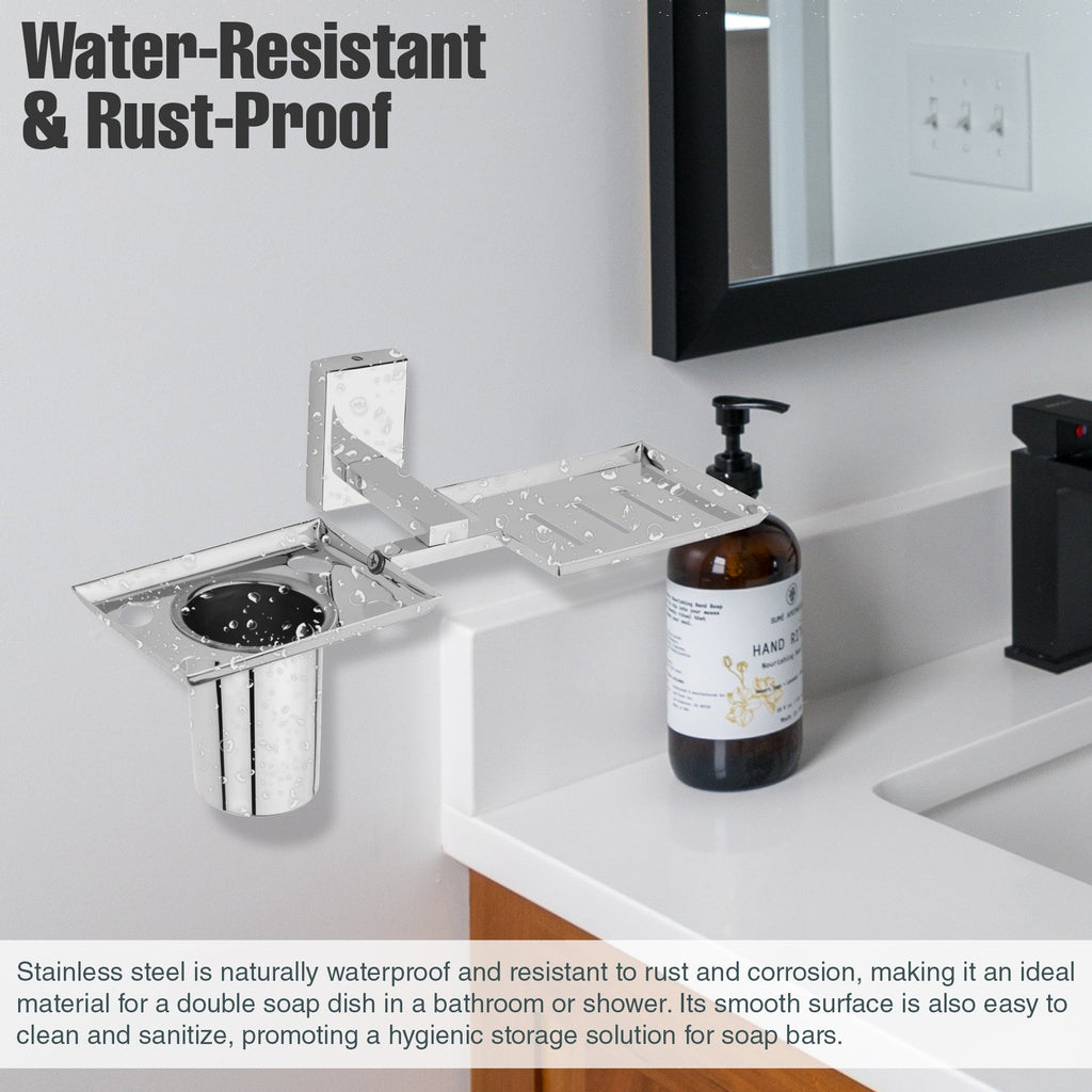 Gloxy Rectangular Shape Stainless Steel 304 Grade Chrome Finish Single Soap Holder With Tumbler Holder