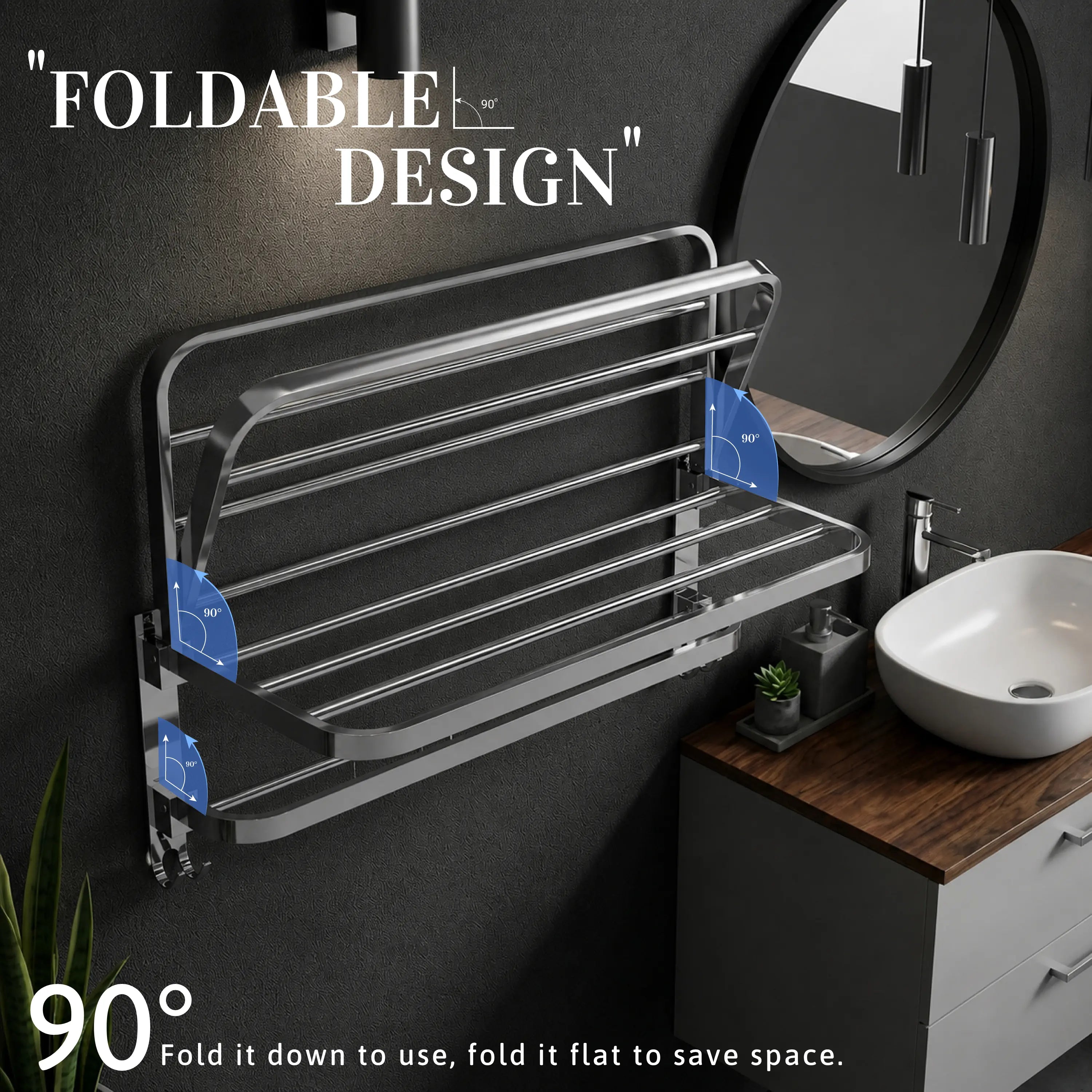 GLOXY Premium SS 304 Towel Rack 24 Inch | Wall Mounted Foldable Bathroom Towel Holder with Shelf & Hooks