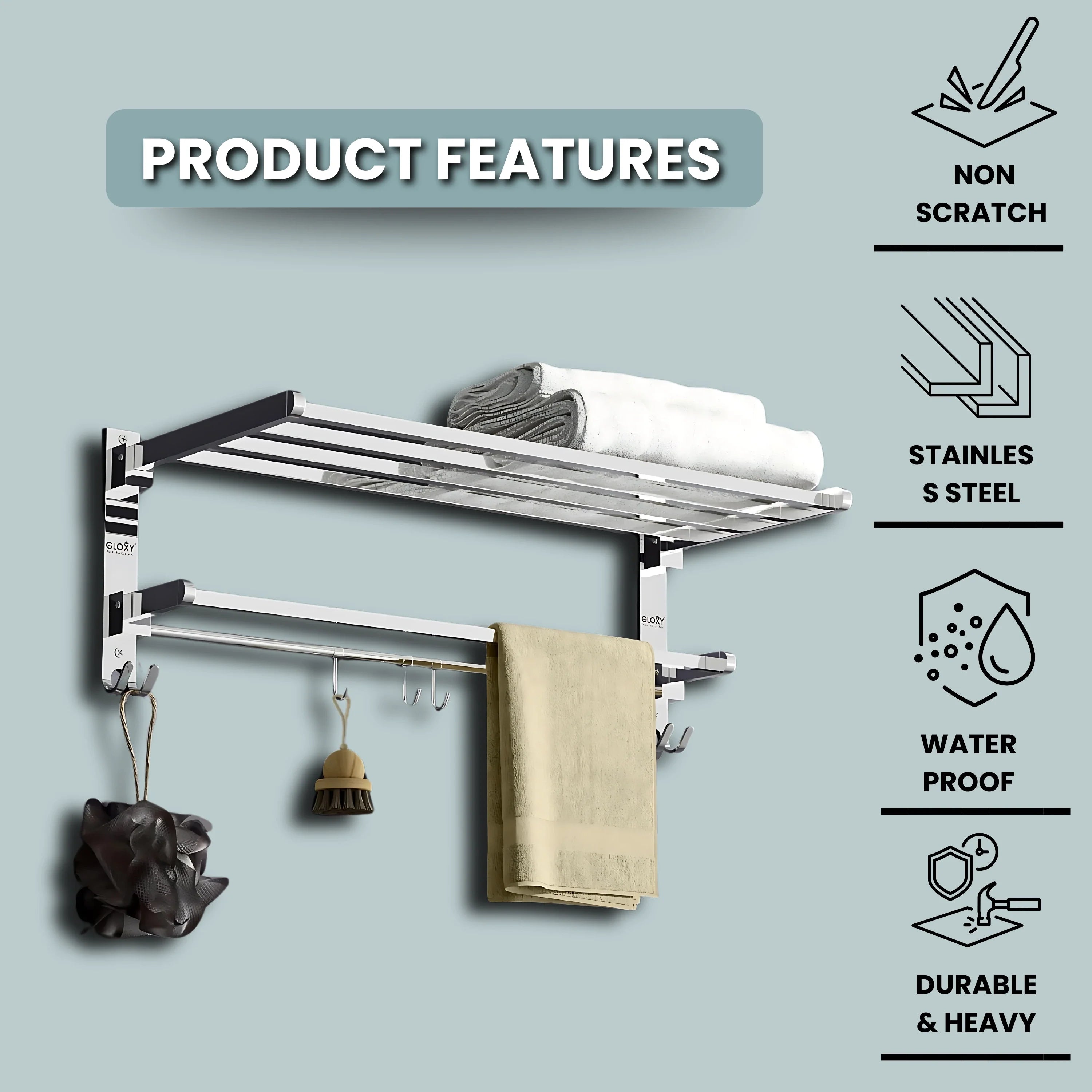 Gloxy Rectangular Shape Stainless Steel Chrome Finsih Foldable Towel Rack-24 Inch