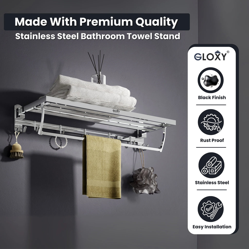 Gloxy Chrome Finsih Stainless Steel Towel Hanger With Folding Bar  -24 Inch
