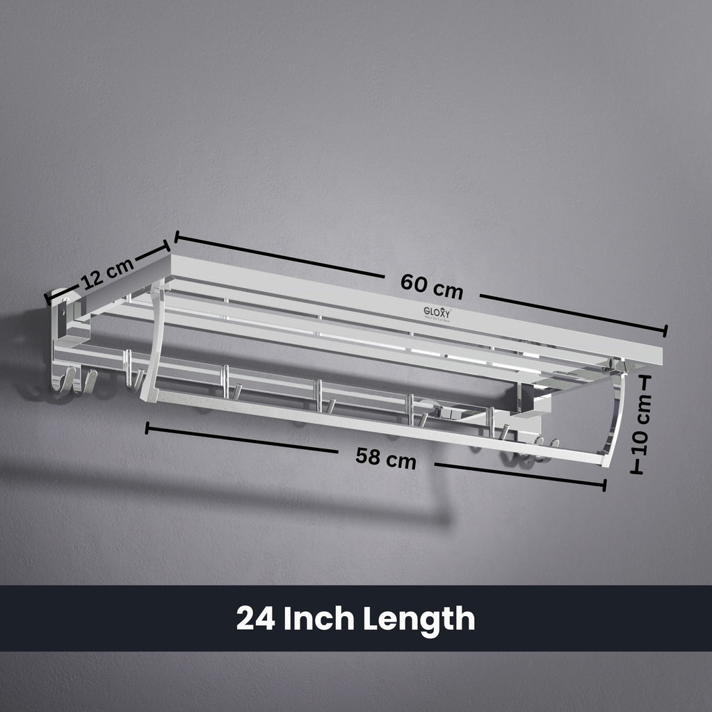 Gloxy Chrome Finsih Stainless Steel Towel Hanger With Folding Bar  -24 Inch