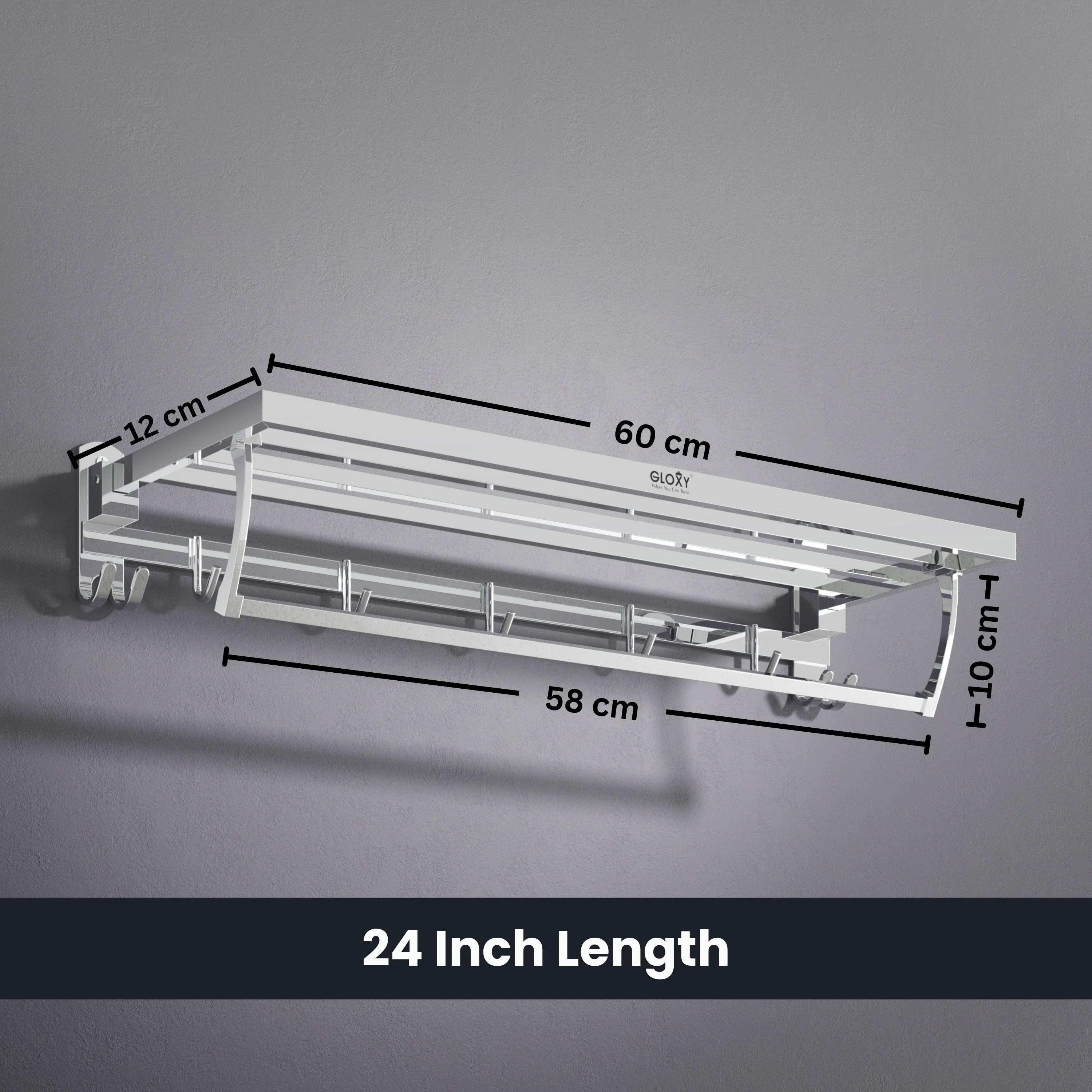 Gloxy Chrome Finsih Stainless Steel Towel Hanger With Folding Bar  -24 Inch