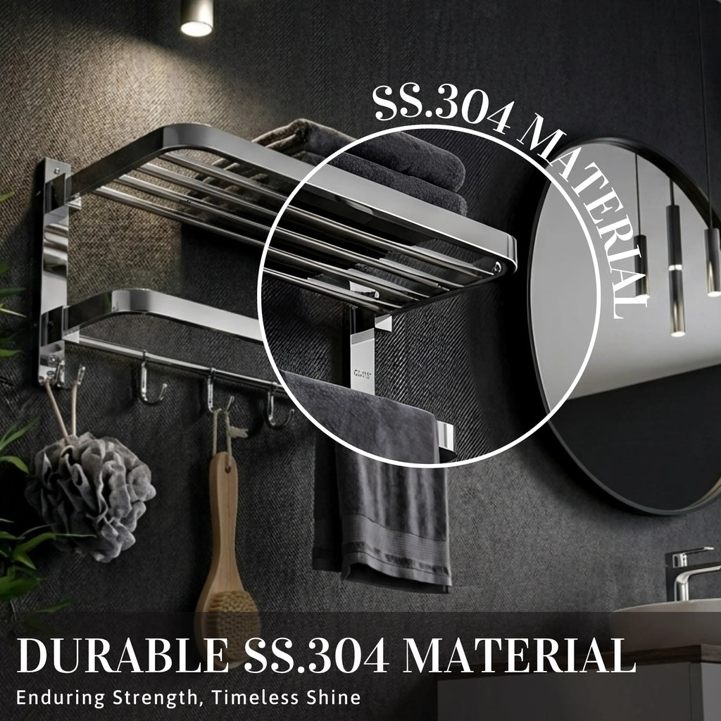 GLOXY Premium SS 304 Towel Rack 24 Inch | Wall Mounted Foldable Bathroom Towel Holder with Shelf & Hooks
