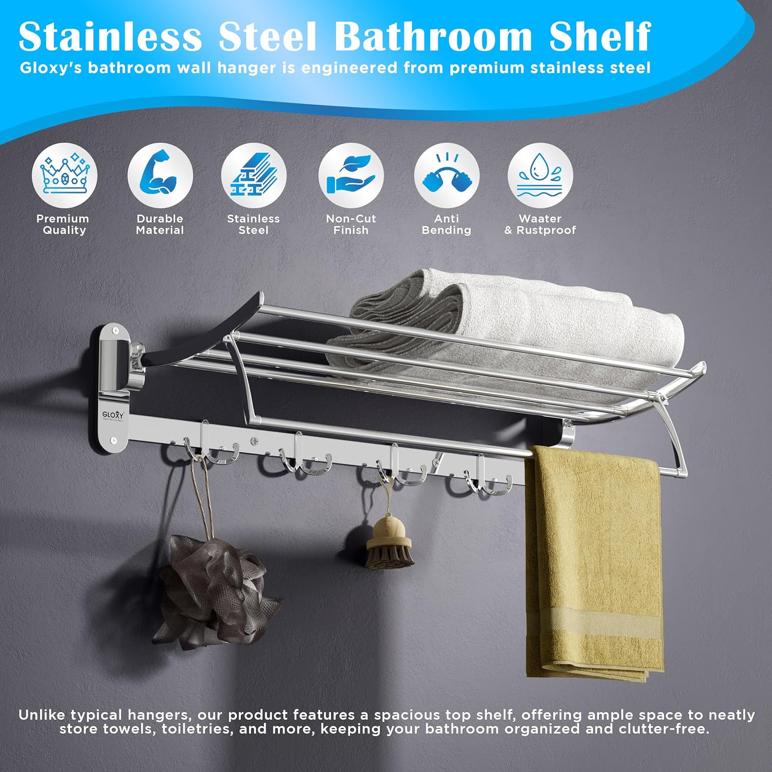 Wall Mounted 24 Inch Stainless Steel Folding Towel Rack for Bathroom- by GLOXY