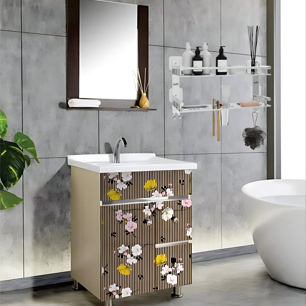 Gloxy Stainless Steel 2-Layer Chrome Finish Bathroom Shelf with Soap Dish, Tumbler Holder, Hooks-Adhesive Sticker Installation