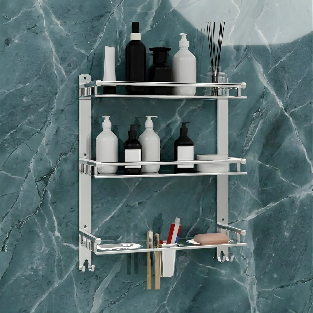 Gloxy Stainless Steel 3-Layer Chrome Finish Bathroom Shelf with Double Soap Dish,Toothbrush Holder & Hooks