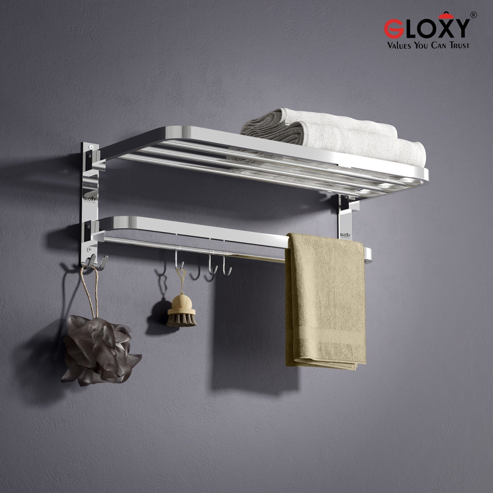 Gloxy Round Shape Stainless Steel Chrome Finsih Folding 2-Bar Bathroom Cloth Rack -24 Inch