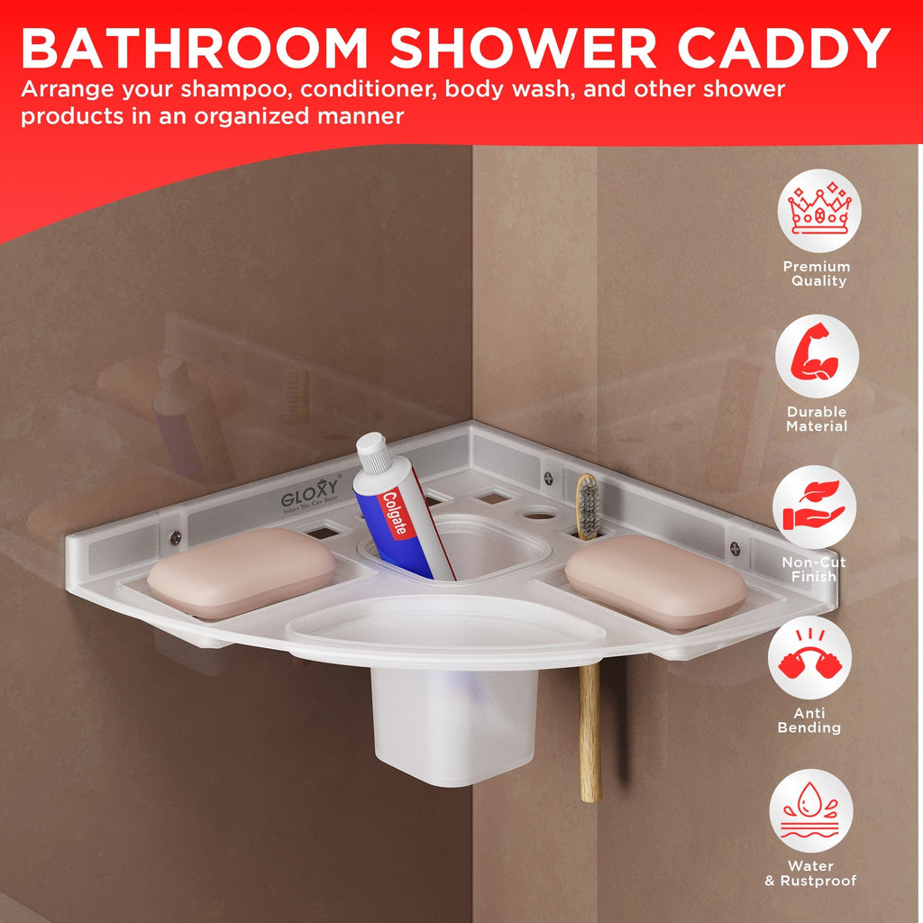 Gloxy Acrylic 1-Layer Matte Finish Bathroom Corner Shelf With Soap Dish And Tumbler Holder