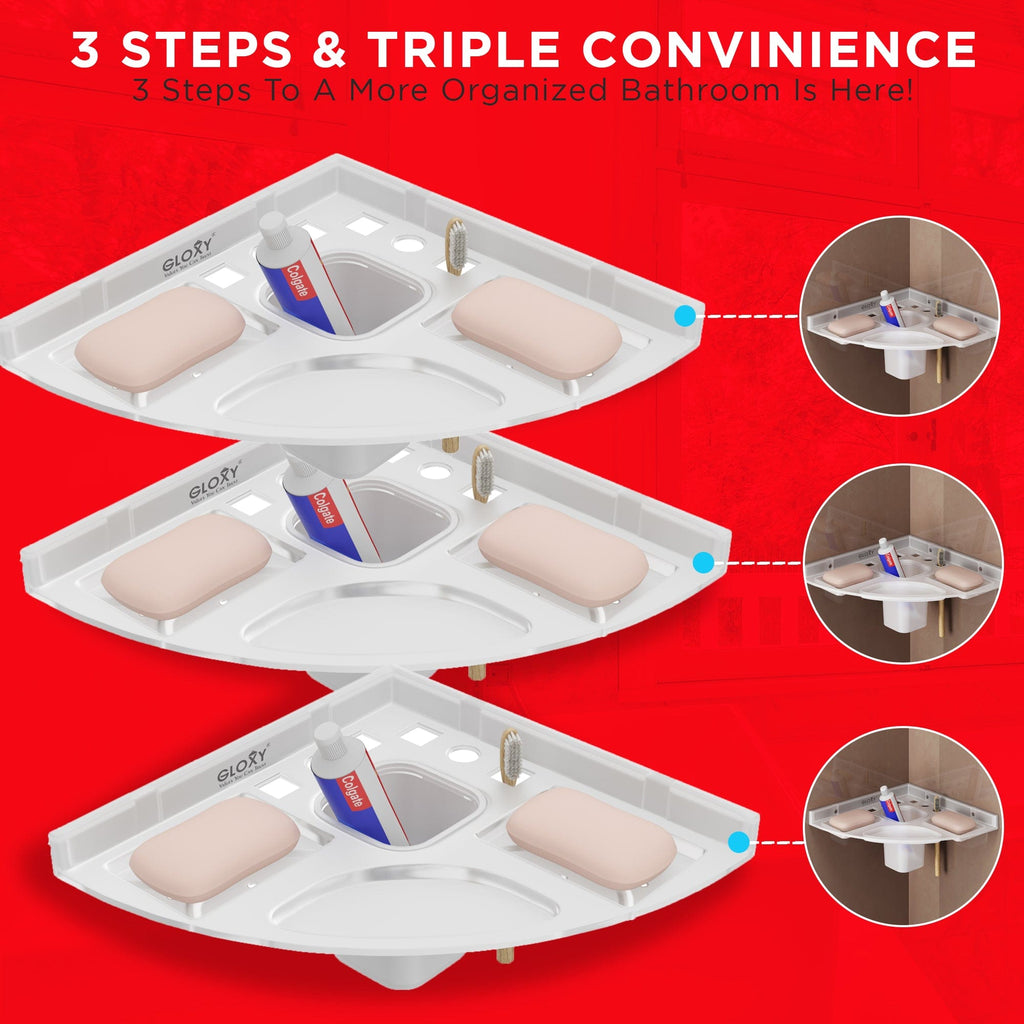 Gloxy Acrylic 1-Layer Matte Finish Bathroom Corner Shelf With Soap Dish And Tumbler Holder
