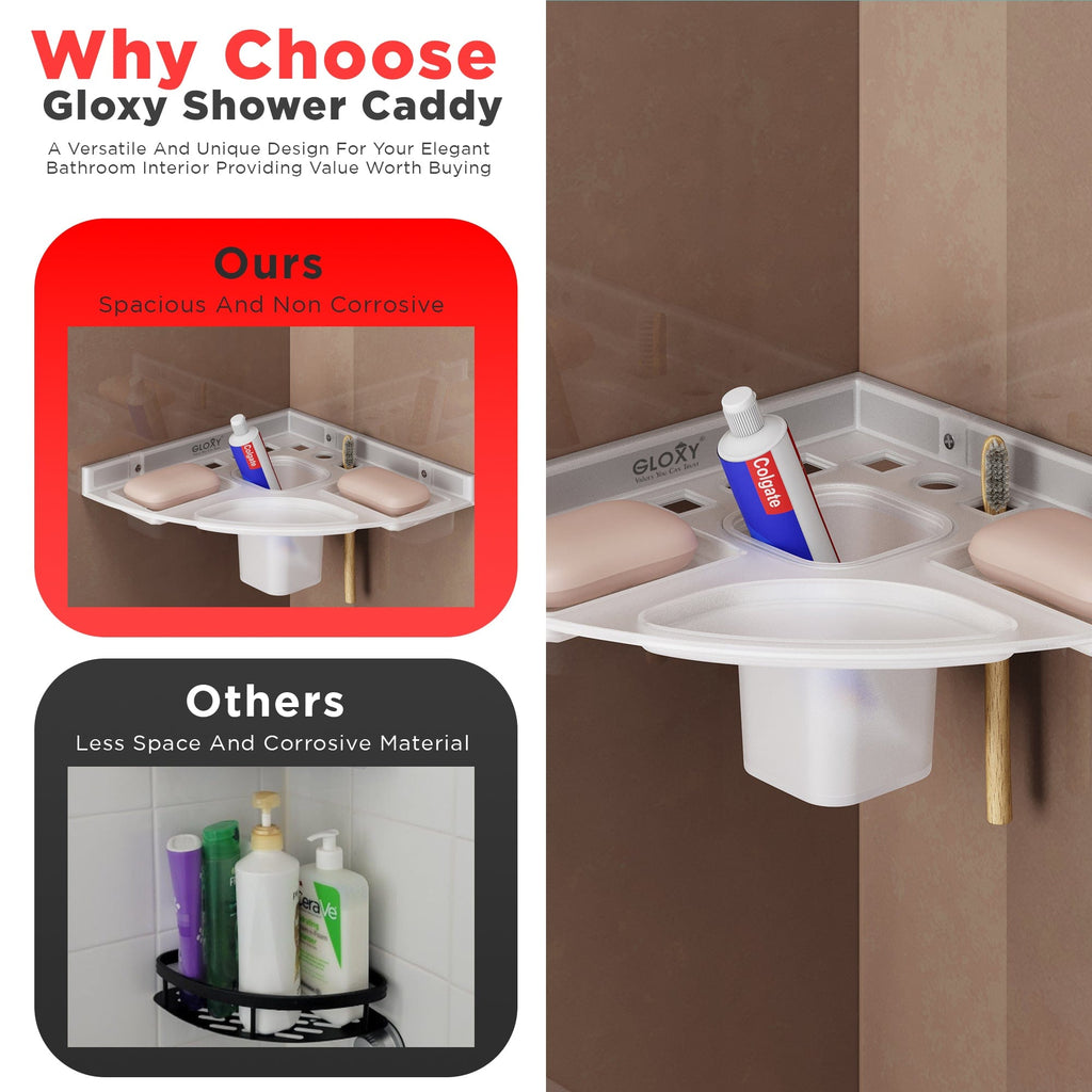 Gloxy Acrylic 1-Layer Matte Finish Bathroom Corner Shelf With Soap Dish And Tumbler Holder