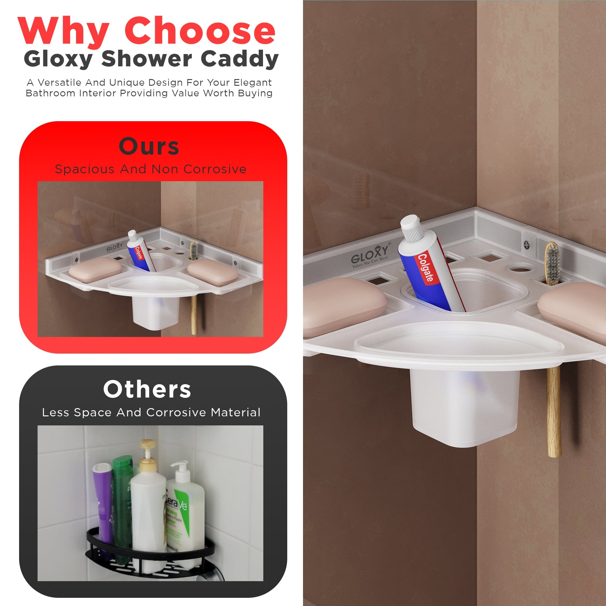 Gloxy Acrylic 1-Layer Matte Finish Bathroom Corner Shelf With Soap Dish And Tumbler Holder