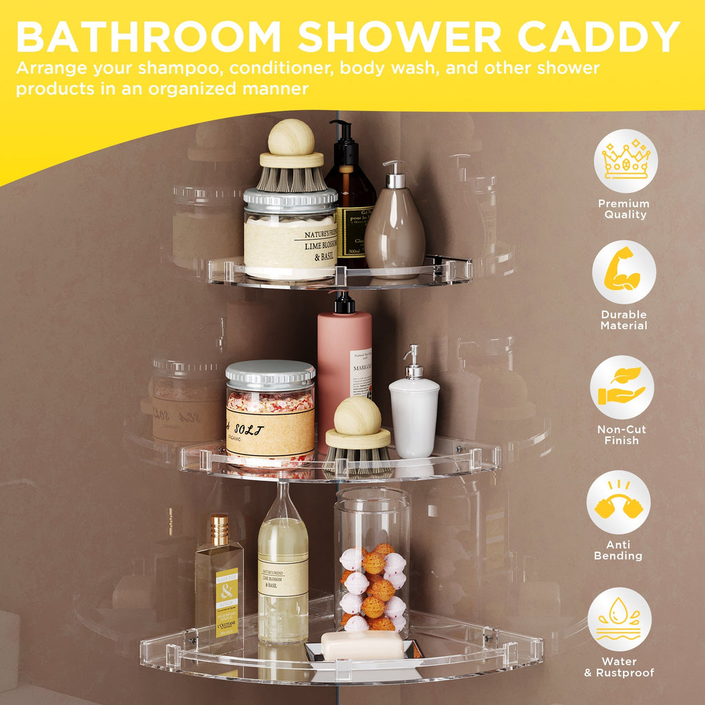 Gloxy Acrylic 3-Layer Transparent Finish Bathroom Corner Organizer Wall Shelf