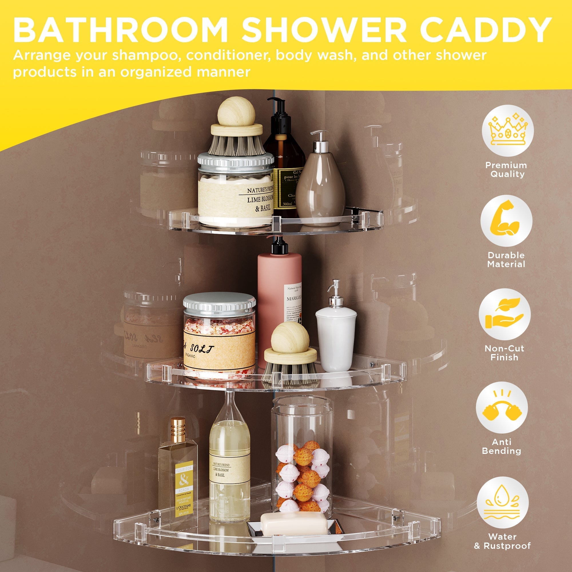 Gloxy Acrylic 3-Layer Transparent Finish Bathroom Corner Organizer Wall Shelf
