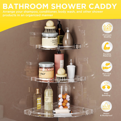 Gloxy Acrylic 3-Layer Transparent Finish Bathroom Corner Organizer Wall Shelf