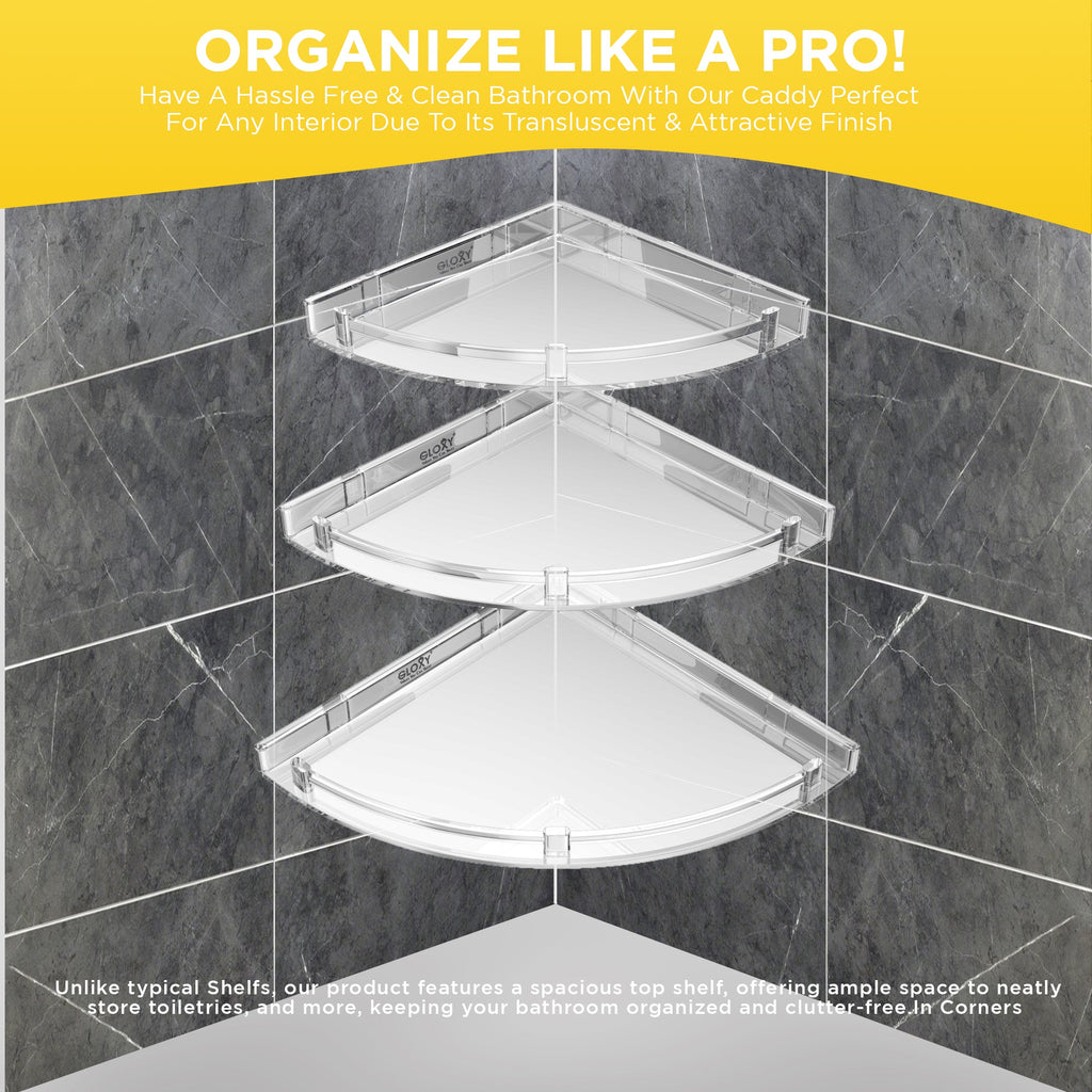 Gloxy Acrylic 3-Layer Transparent Finish Bathroom Corner Organizer Wall Shelf
