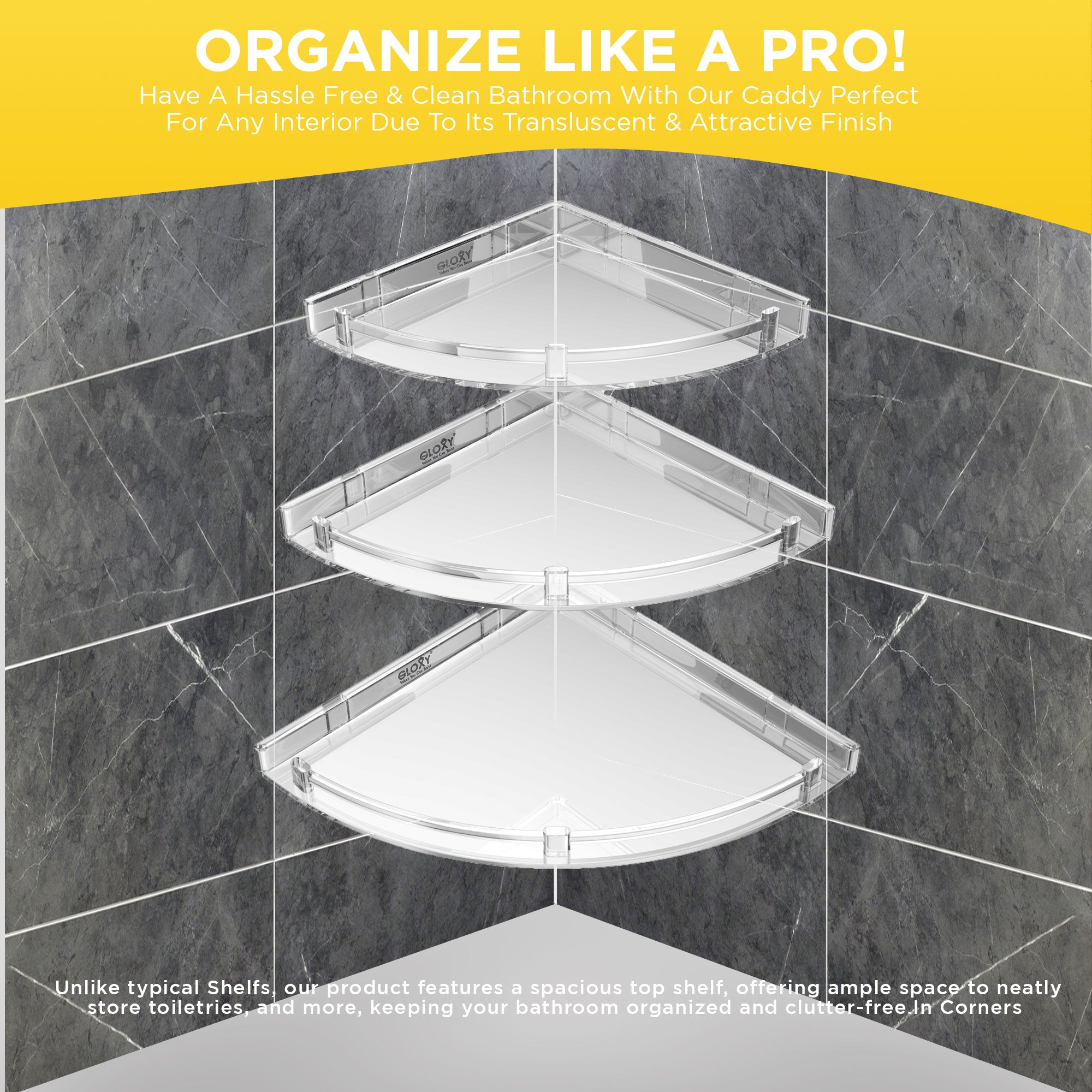 Gloxy Acrylic 3-Layer Transparent Finish Bathroom Corner Organizer Wall Shelf