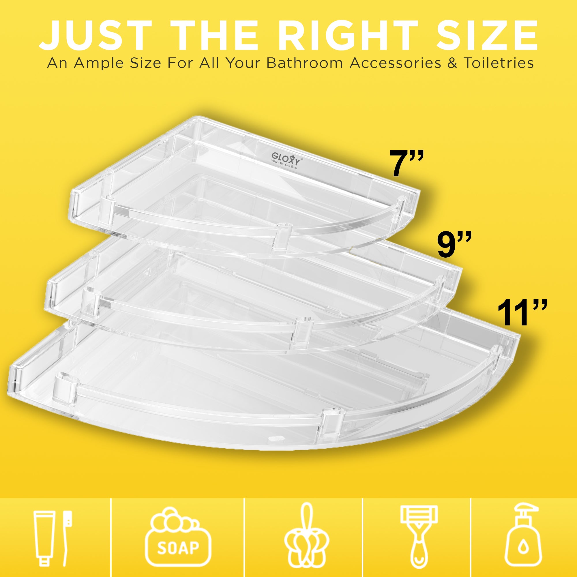 Gloxy Acrylic 3-Layer Transparent Finish Bathroom Corner Organizer Wall Shelf