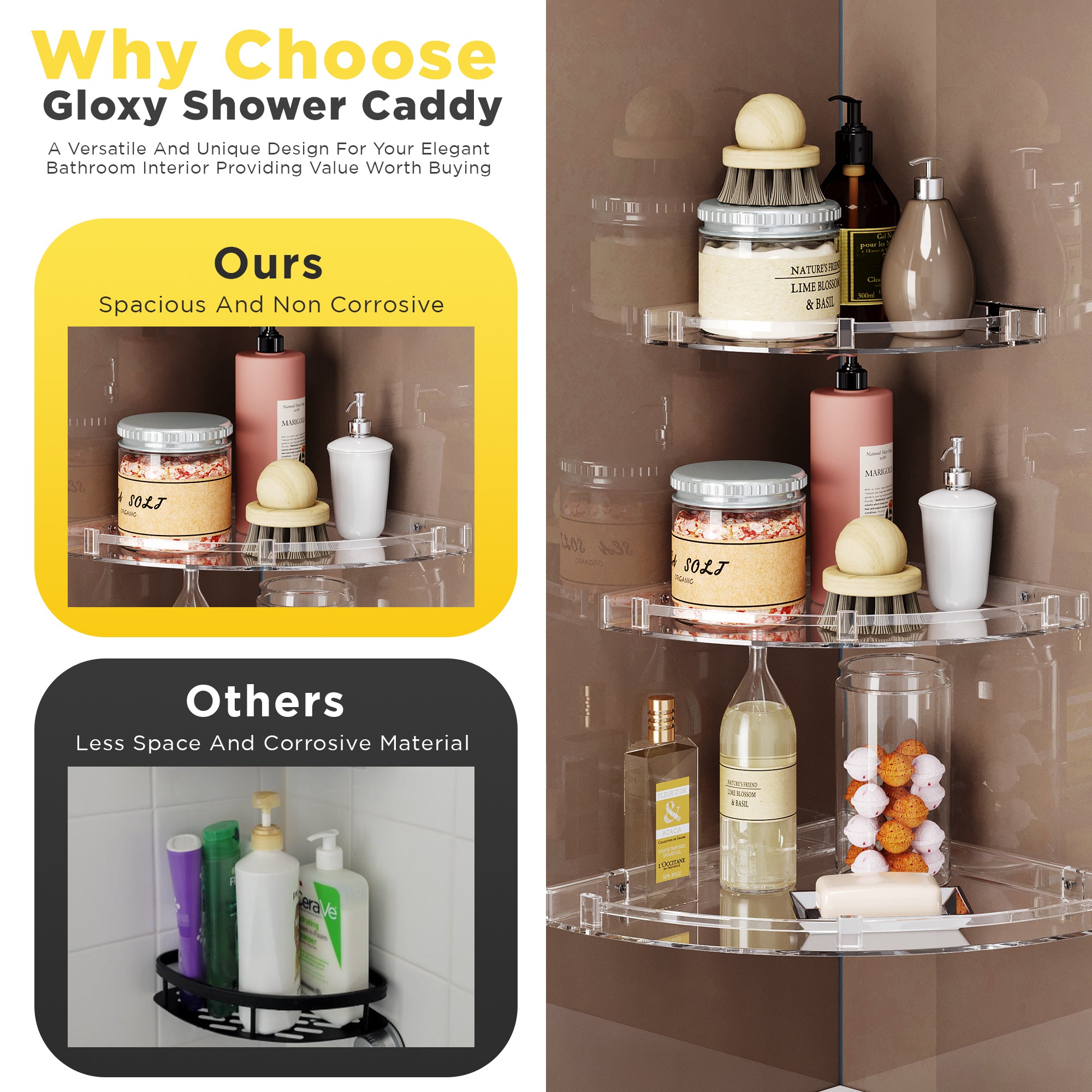Gloxy Acrylic 3-Layer Transparent Finish Bathroom Corner Organizer Wall Shelf