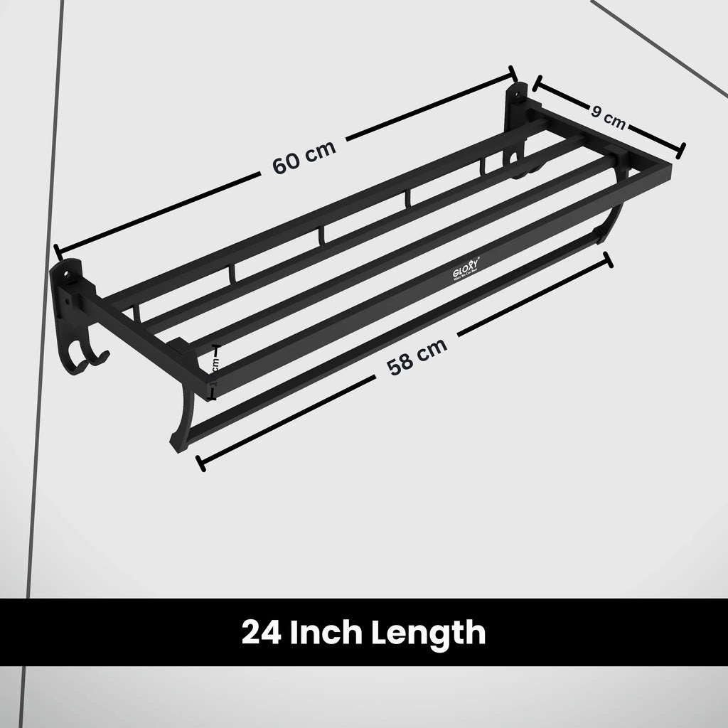 Gloxy Stainless Steel Black Finsih Folding Bar Bath Towel Rack with Hook-24 Inch