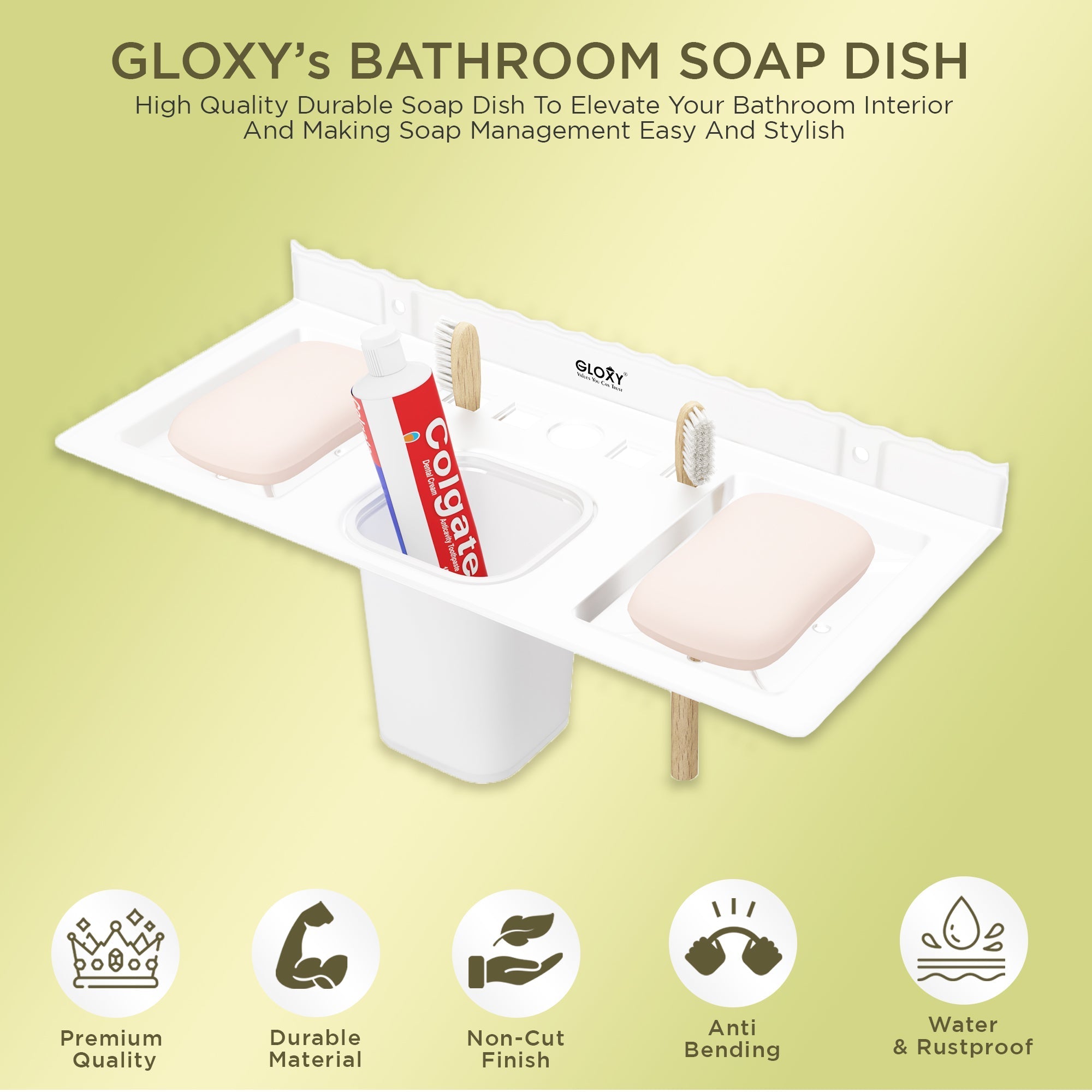 Gloxy Acrylic Matt Finish Plastic Soap Holder With Toothbrush & Toothpaste Holder