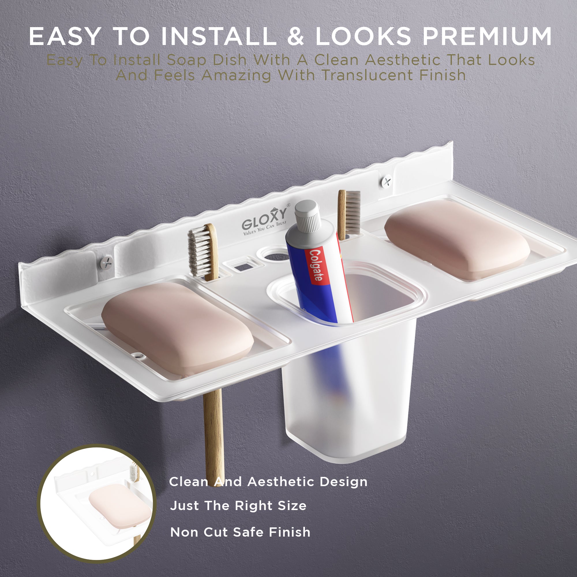 Gloxy Acrylic Matt Finish Plastic Soap Holder With Toothbrush & Toothpaste Holder