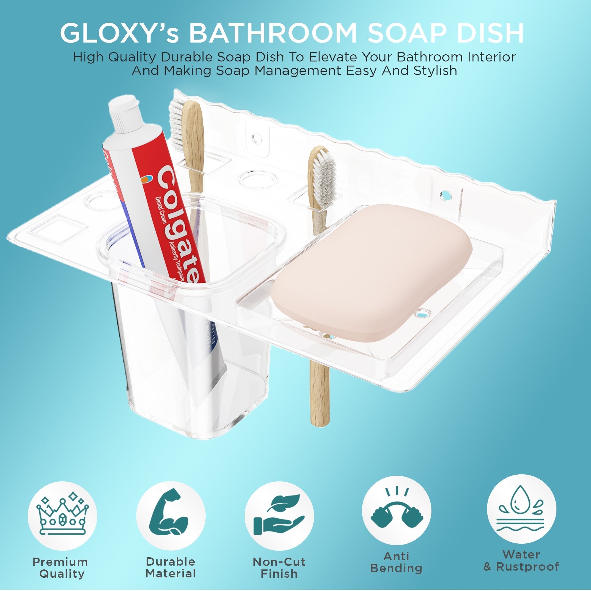 Gloxy Acrylic Transparent Single Soap Holder With Toothbrush And Toothpaste Holder