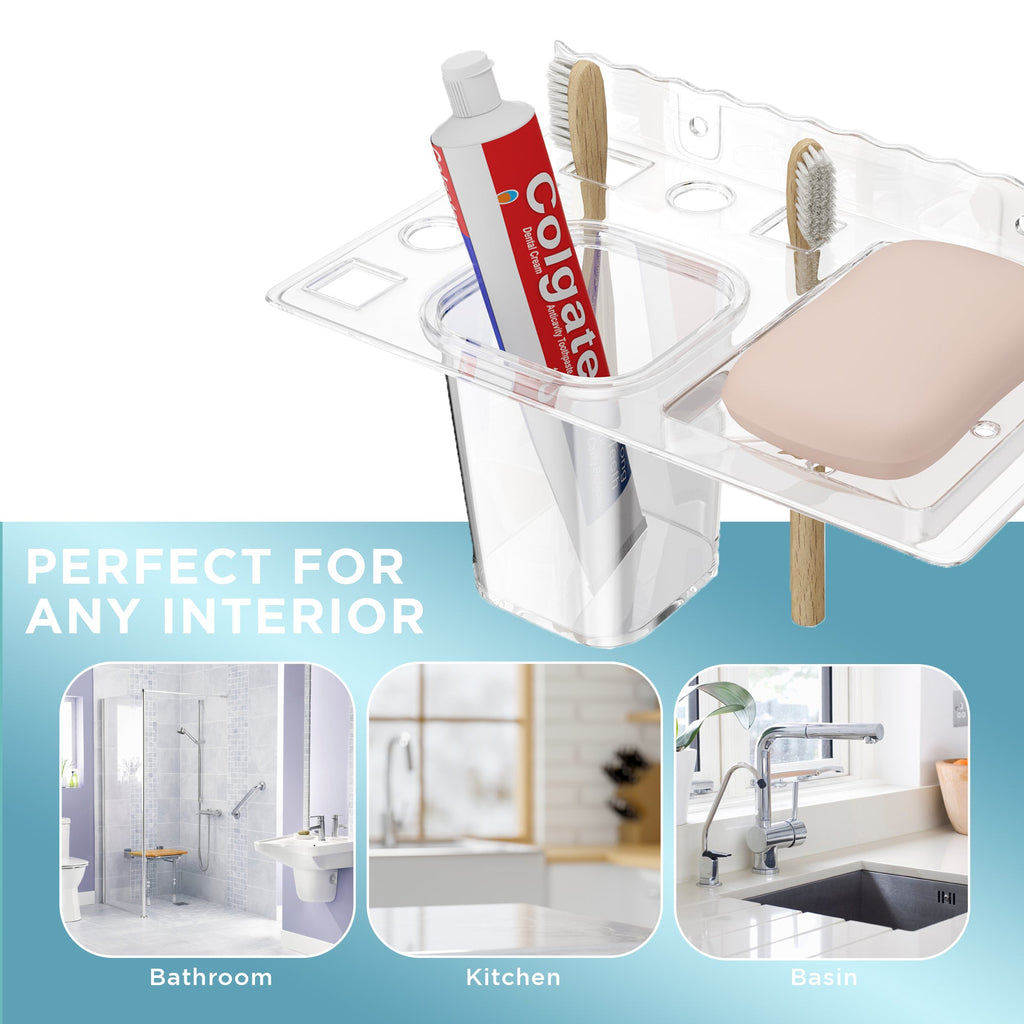 Gloxy Acrylic Transparent Single Soap Holder With Toothbrush And Toothpaste Holder
