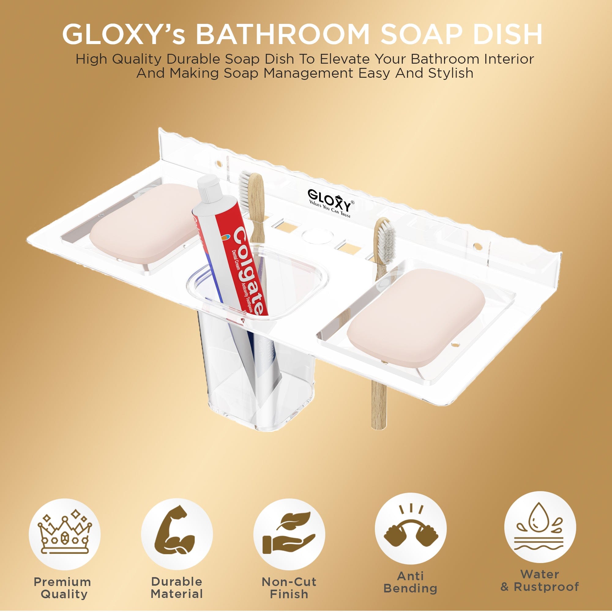 Gloxy Acrylic Transparent Double Soap Holder With Toothbrush And Brush Holder
