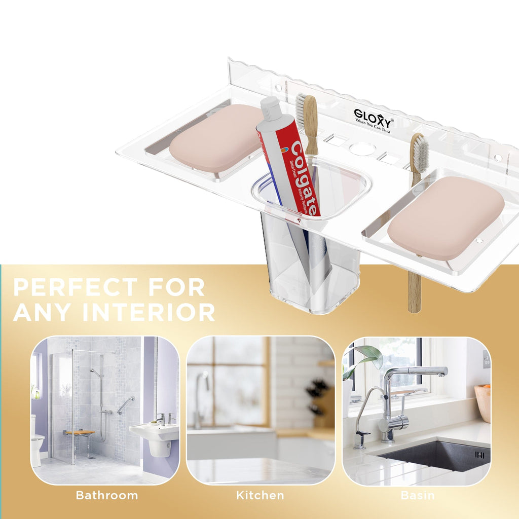 Gloxy Acrylic Transparent Double Soap Holder With Toothbrush And Brush Holder