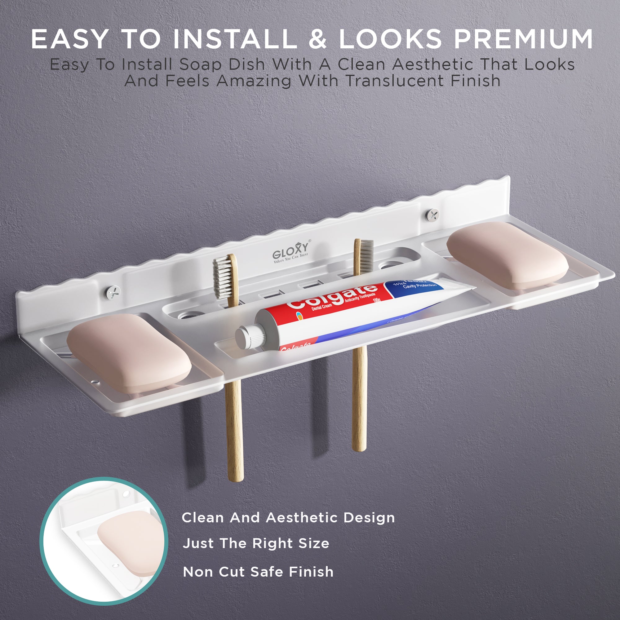 Gloxy Acrylic Matt Finish Plastic Soap Dish Holder With Toothbrush & Toothpaste Holder