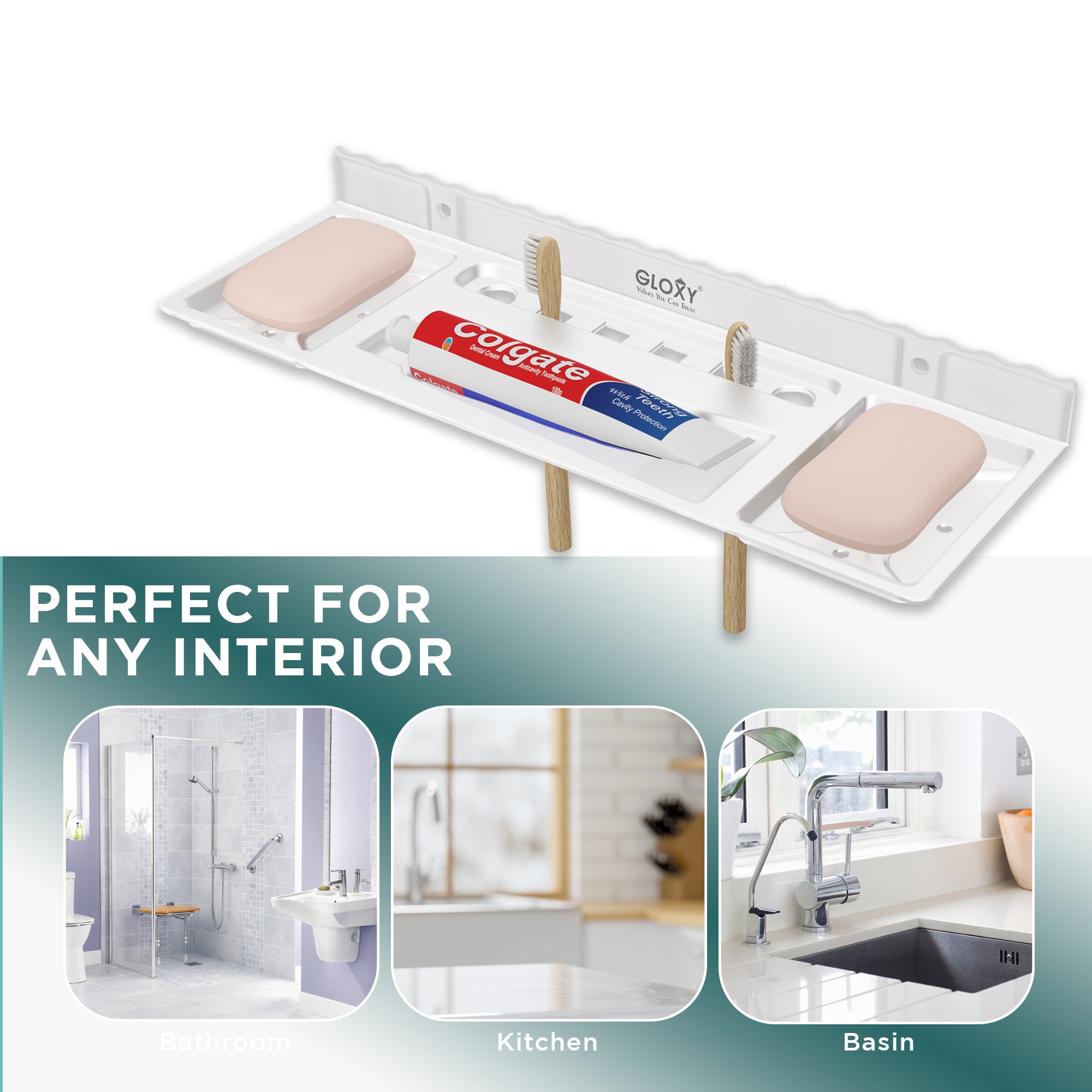 Gloxy Acrylic Matt Finish Plastic Soap Dish Holder With Toothbrush & Toothpaste Holder