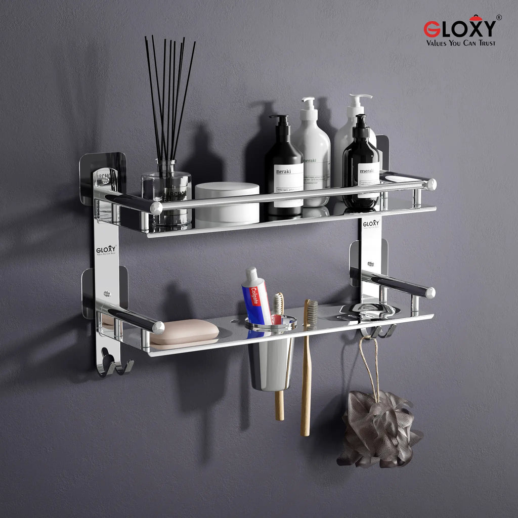 Gloxy Stainless Steel 2-Layer Chrome Finish Bathroom Shelf with Soap Dish, Tumbler Holder, Hooks-Adhesive Sticker Installation