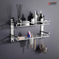Gloxy Stainless Steel 2-Layer Chrome Finish Bathroom Shelf with Soap Dish, Tumbler Holder, Hooks-Adhesive Sticker Installation