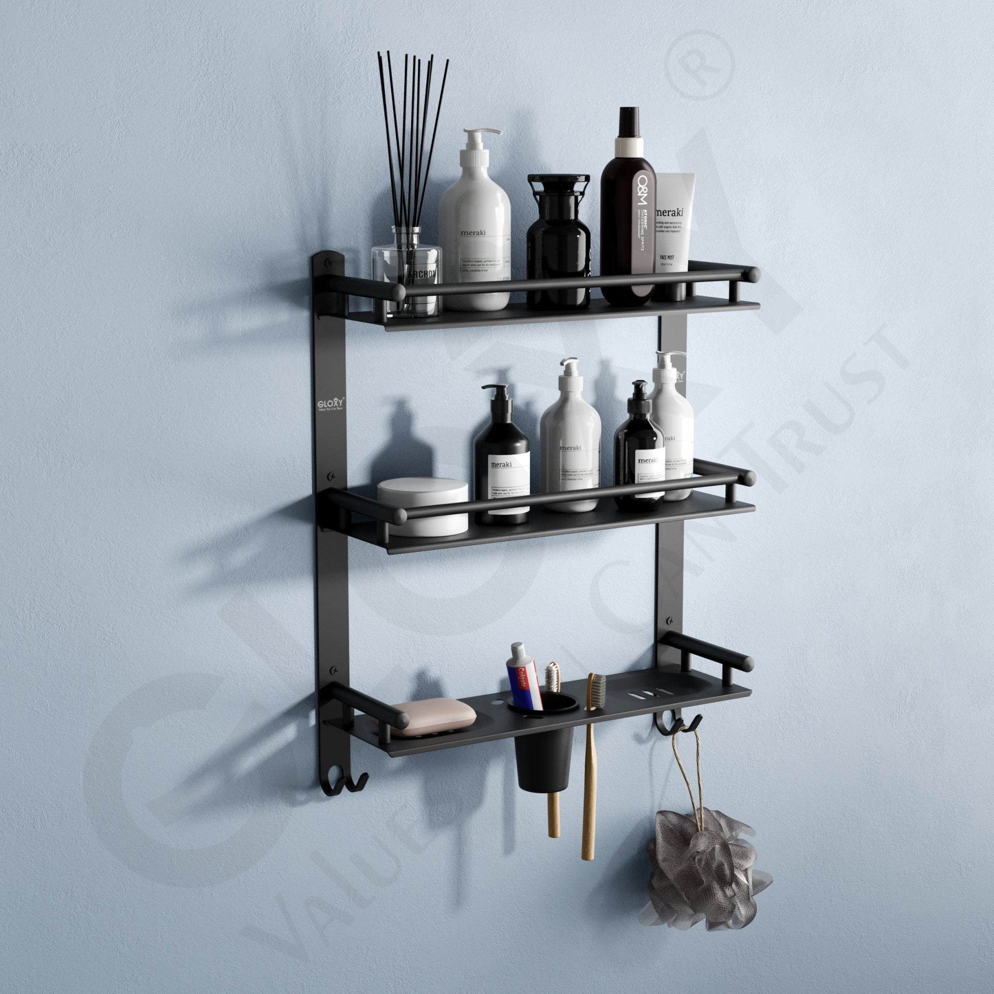 Gloxy Stainless Steel 3-Layer Black Finish Bathroom Shelf with with Soap Dish,Tumbler Holder & Hooks