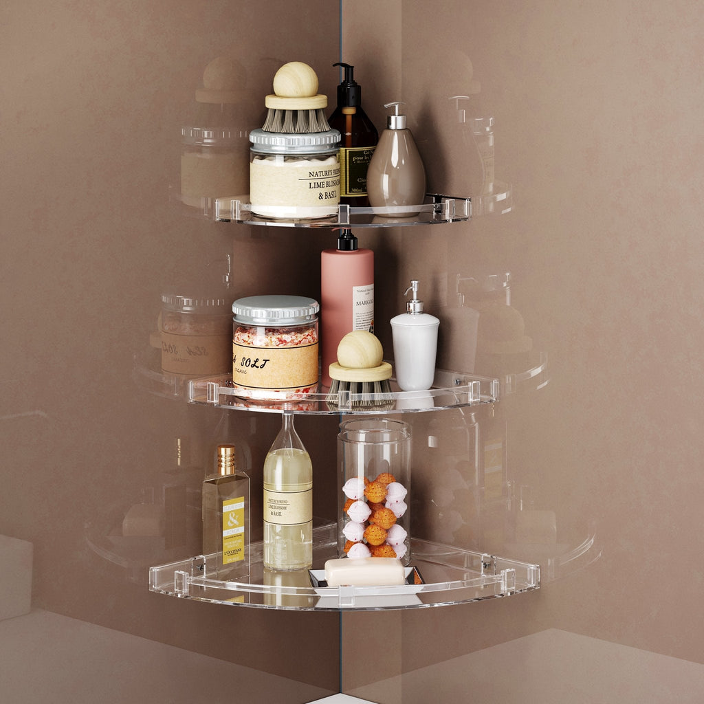Gloxy Acrylic 3-Layer Transparent Finish Bathroom Corner Organizer Wall Shelf