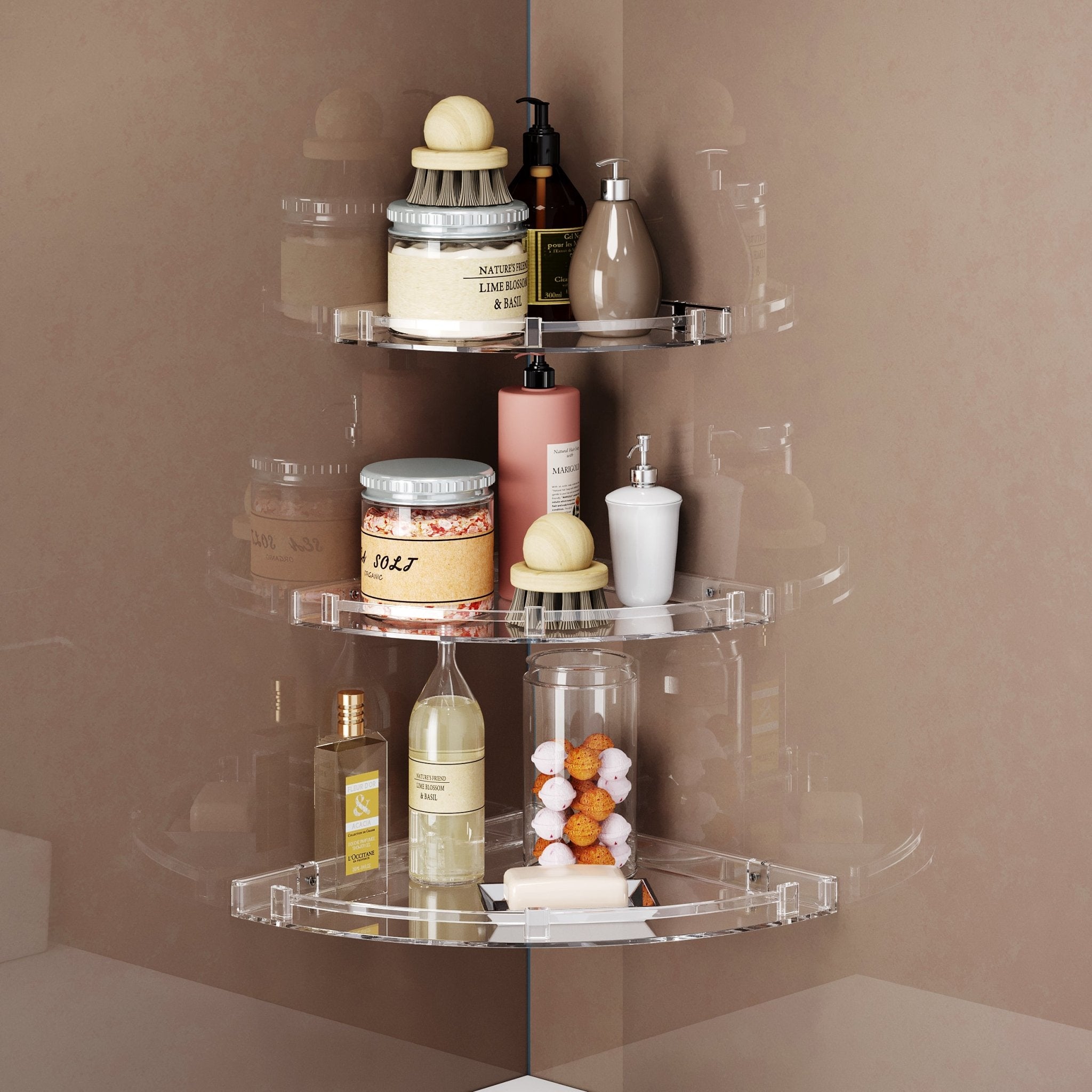 Gloxy Acrylic 3-Layer Transparent Finish Bathroom Corner Organizer Wall Shelf