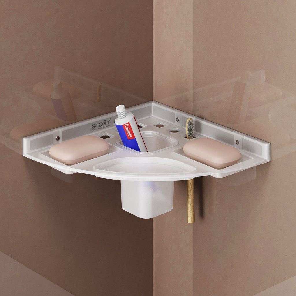 Gloxy Acrylic 1-Layer Matte Finish Bathroom Corner Shelf With Soap Dish And Tumbler Holder
