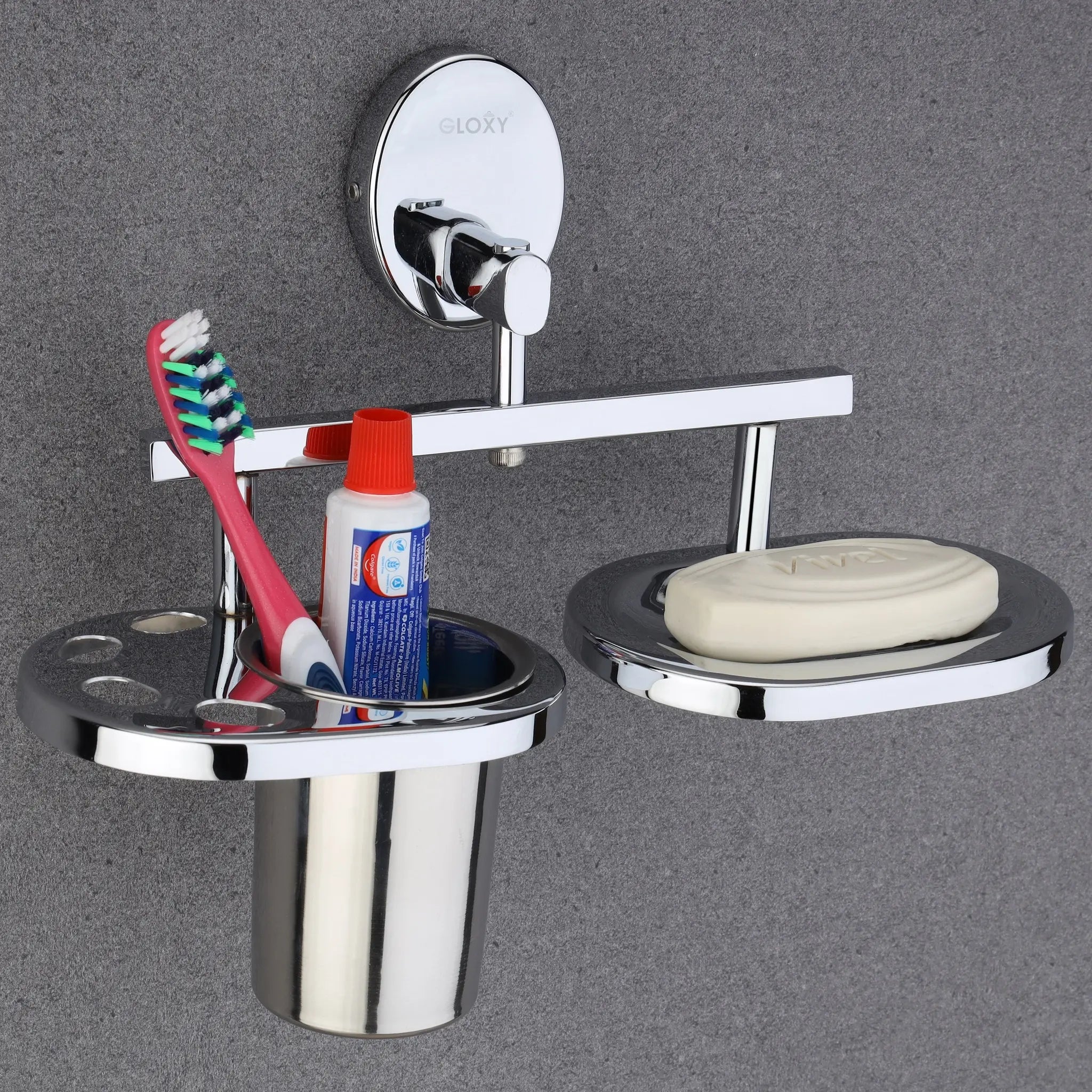 Gloxy Stainless Steel 202 Grade Chrome Finish Soap Holder With soap and toothbrush holder set